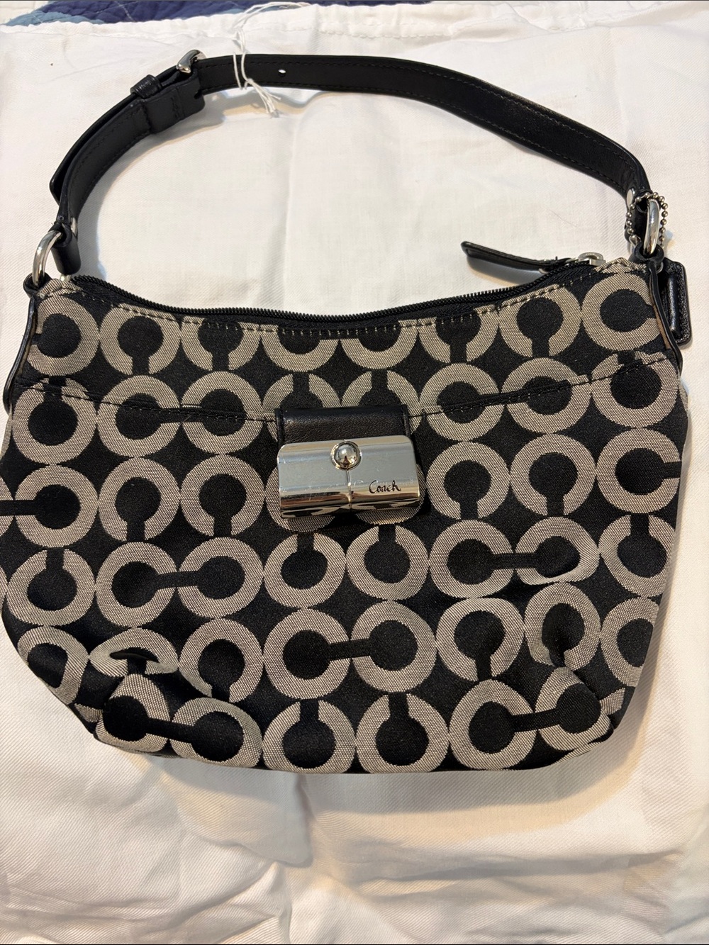 Coach Black & Tan Signature Pattern Shoulder Bag with Silver Hardware